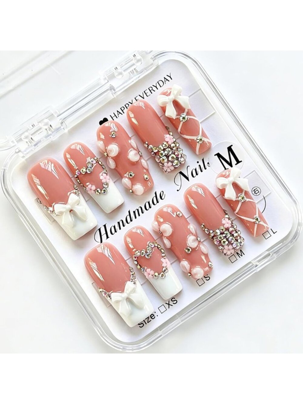 10 Pcs Long Square Acrylic Press-On Nails with 3D Bow & Rhinestones - Pink Full